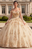Vestido de Quinceañera com Espartilho Champanhe Ombro Descoberto e Flores 3D