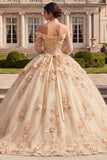 Vestido de Quinceañera com Espartilho Champanhe Ombro Descoberto e Flores 3D