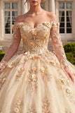 Vestido de Quinceañera com Espartilho Champanhe Ombro Descoberto e Flores 3D