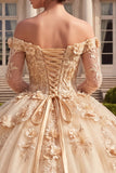 Vestido de Quinceañera com Espartilho Champanhe Ombro Descoberto e Flores 3D