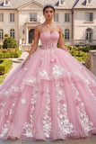Vestido de baile Espartilho sem alças Vestido floral cor-de-rosa Quinceañera