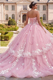 Vestido de baile Espartilho sem alças Vestido floral cor-de-rosa Quinceañera