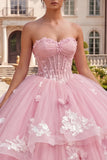 Vestido de baile Espartilho sem alças Vestido floral cor-de-rosa Quinceañera