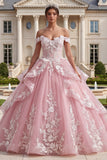 Vestido de baile com folhos e folhos cor-de-rosa, aplicada no ombro, vestido de quinceañera