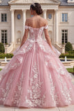 Vestido de baile com folhos e folhos cor-de-rosa, aplicada no ombro, vestido de quinceañera