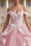 Vestido de baile com folhos e folhos cor-de-rosa, aplicada no ombro, vestido de quinceañera