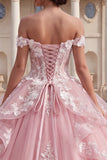 Vestido de baile com folhos e folhos cor-de-rosa, aplicada no ombro, vestido de quinceañera