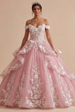 Vestido de baile com folhos e folhos cor-de-rosa, aplicada no ombro, vestido de quinceañera