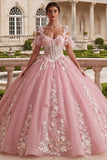 Vestido de baile cor-de-rosa aplicado, de ombro frio, Vestido de Quinceañera