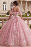 Vestido de baile cor-de-rosa aplicado, de ombro frio, Vestido de Quinceañera