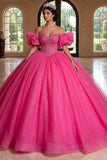 Vestido de baile Quinceañera com Corset Fúcsia Brilhante e Ombro Descoberto