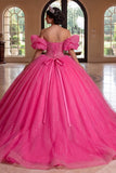 Vestido de baile Quinceañera com Corset Fúcsia Brilhante e Ombro Descoberto