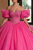 Vestido de baile Quinceañera com Corset Fúcsia Brilhante e Ombro Descoberto