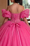 Vestido de baile Quinceañera com Corset Fúcsia Brilhante e Ombro Descoberto