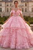 Vestido Quinceañera Cor-de-Rosa com Folhos e Folhos Descobertos