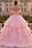 Vestido Quinceañera Cor-de-Rosa com Folhos e Folhos Descobertos