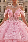 Vestido Quinceañera Cor-de-Rosa com Folhos e Folhos Descobertos