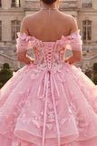 Vestido Quinceañera Cor-de-Rosa com Folhos e Folhos Descobertos
