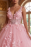 Vestido de Quinceañera com decote em V cor-de-rosa