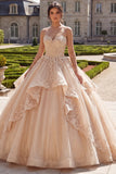 Vestido de Quinceañera com Folhos e Folhos com Aplicação Champanhe Sem Alças