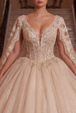 Vestido de Espartilho Champanhe Quinceañera com Mangas Capa
