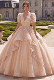 Vestido de baile Quinceañera com decote em V e decote em V com Champanhe e Mangas Curtas