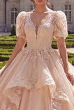 Vestido de baile Quinceañera com decote em V e decote em V com Champanhe e Mangas Curtas
