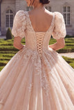 Vestido de baile Quinceañera com decote em V e decote em V com Champanhe e Mangas Curtas