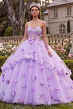 Vestido de Baile Corset Sem Alças Lilas, Vestido de Quinceañera com Flores 3D