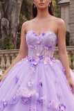 Vestido de Baile Corset Sem Alças Lilas, Vestido de Quinceañera com Flores 3D