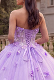 Vestido de Baile Corset Sem Alças Lilas, Vestido de Quinceañera com Flores 3D