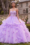 Vestido de baile Quinceañera Mulher, Vestido de Baile Lilas, Sem Alças, Folhos e Flores 3D