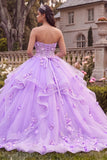 Vestido de baile Quinceañera Mulher, Vestido de Baile Lilas, Sem Alças, Folhos e Flores 3D