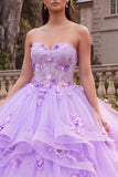 Vestido de baile Quinceañera Mulher, Vestido de Baile Lilas, Sem Alças, Folhos e Flores 3D
