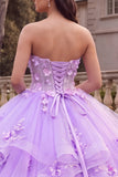 Vestido de baile Quinceañera Mulher, Vestido de Baile Lilas, Sem Alças, Folhos e Flores 3D
