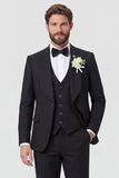 Fatos de casamento masculinos de um só botão com lapela preta, 3 peças