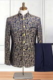 Fato masculino de 2 peças, de abotoamento simples e dourado estampado