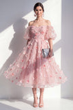 Blush Off the Shoulder Vestido Midi Floral de Lantejoulas Franzidas