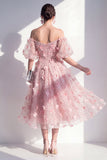 Blush Off the Shoulder Vestido Midi Floral de Lantejoulas Franzidas