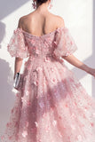 Blush Off the Shoulder Vestido Midi Floral de Lantejoulas Franzidas