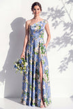 Vestido de dama de honor azul floral Linha A de um ombro com fenda