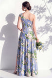 Vestido de dama de honor azul floral Linha A de um ombro com fenda