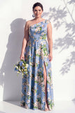 Vestido de dama de honor azul floral Linha A de um ombro com fenda