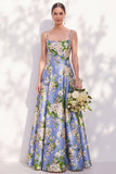 Vestido de dama de honor floral azul com alças finas A Line