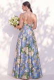 Vestido de dama de honor floral azul com alças finas A Line
