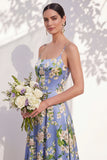 Vestido de dama de honor floral azul com alças finas A Line