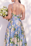 Vestido de dama de honor floral azul com alças finas A Line