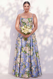 Vestido de dama de honor floral azul com alças finas A Line