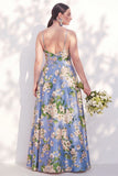 Vestido de dama de honor floral azul com alças finas A Line