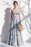 Vestido de dama de honor azul floral A Line Strapless